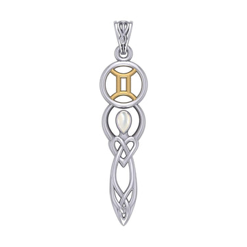 Celtic Goddess Gemini Astrology Zodiac Sign Silver and Gold Accents Pendant with Mother of Pearl MPD5937 - Jewelry